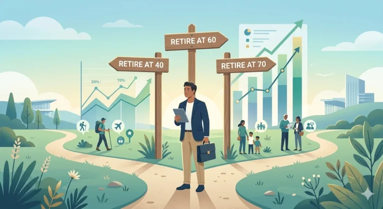 best age to retire concept with financial planning and retirement timeline illustration