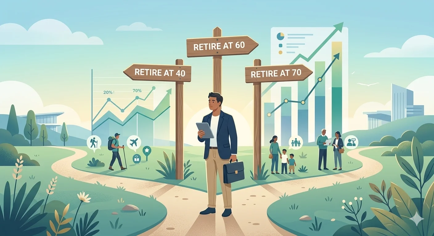 best age to retire concept with financial planning and retirement timeline illustration
