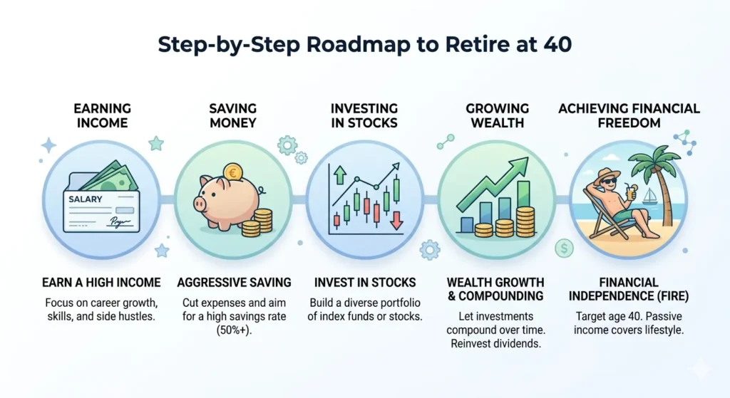 step by step plan to retire at 40 infographic showing saving investing and financial freedom journey